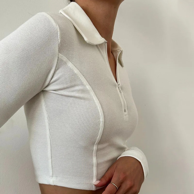 White Autumn Winter Tshirt Womens Long Sleeves Zippers Crop Top Casual Fashion T Shirt Female Streetwear Sexy Cropped Tops 250728