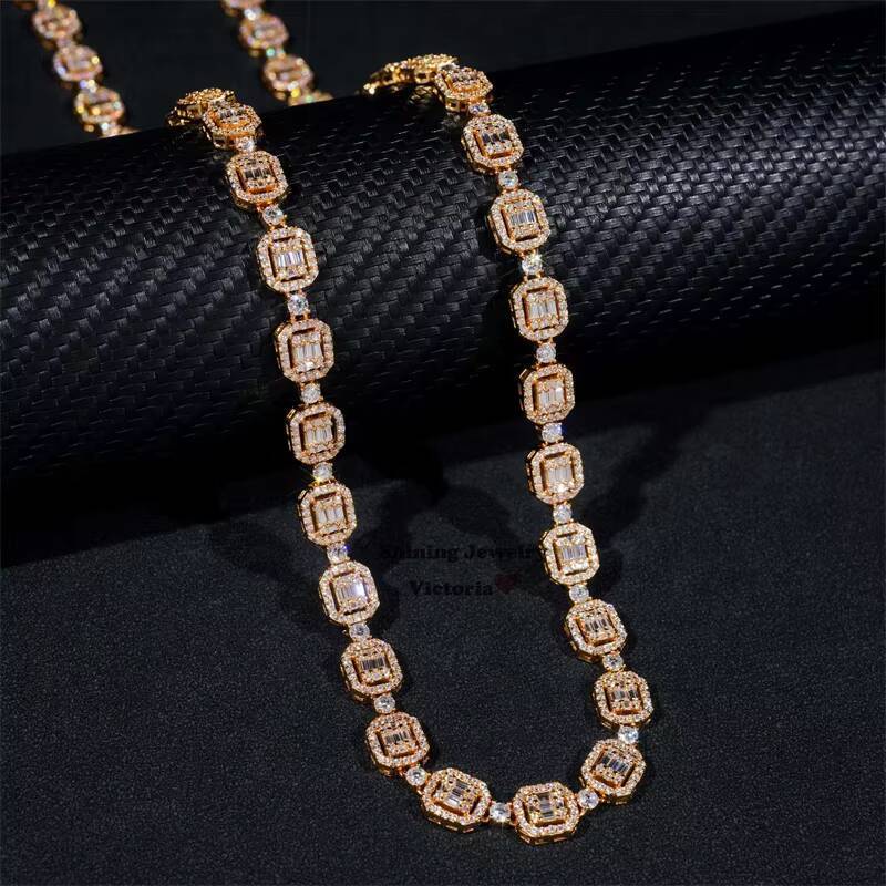 8MM Halo Diamond Style Iced Out Baguette Moissanite Diamond Iced OutTennis Link Chain Necklace