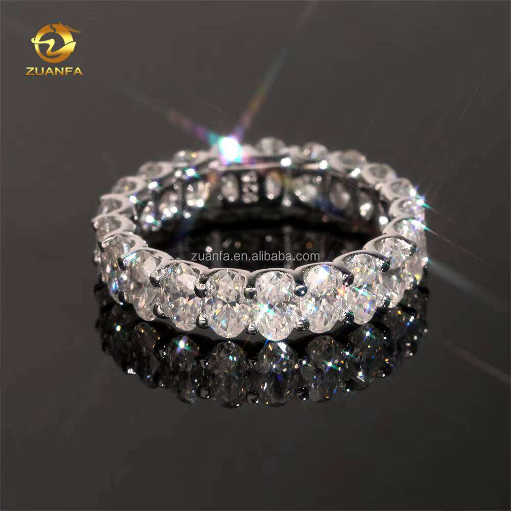 Drop Shipping Solid Sier Engagement White Gold Plated Bridal Jewelry FL Oval Moissanite Dia Eternity Band Ring