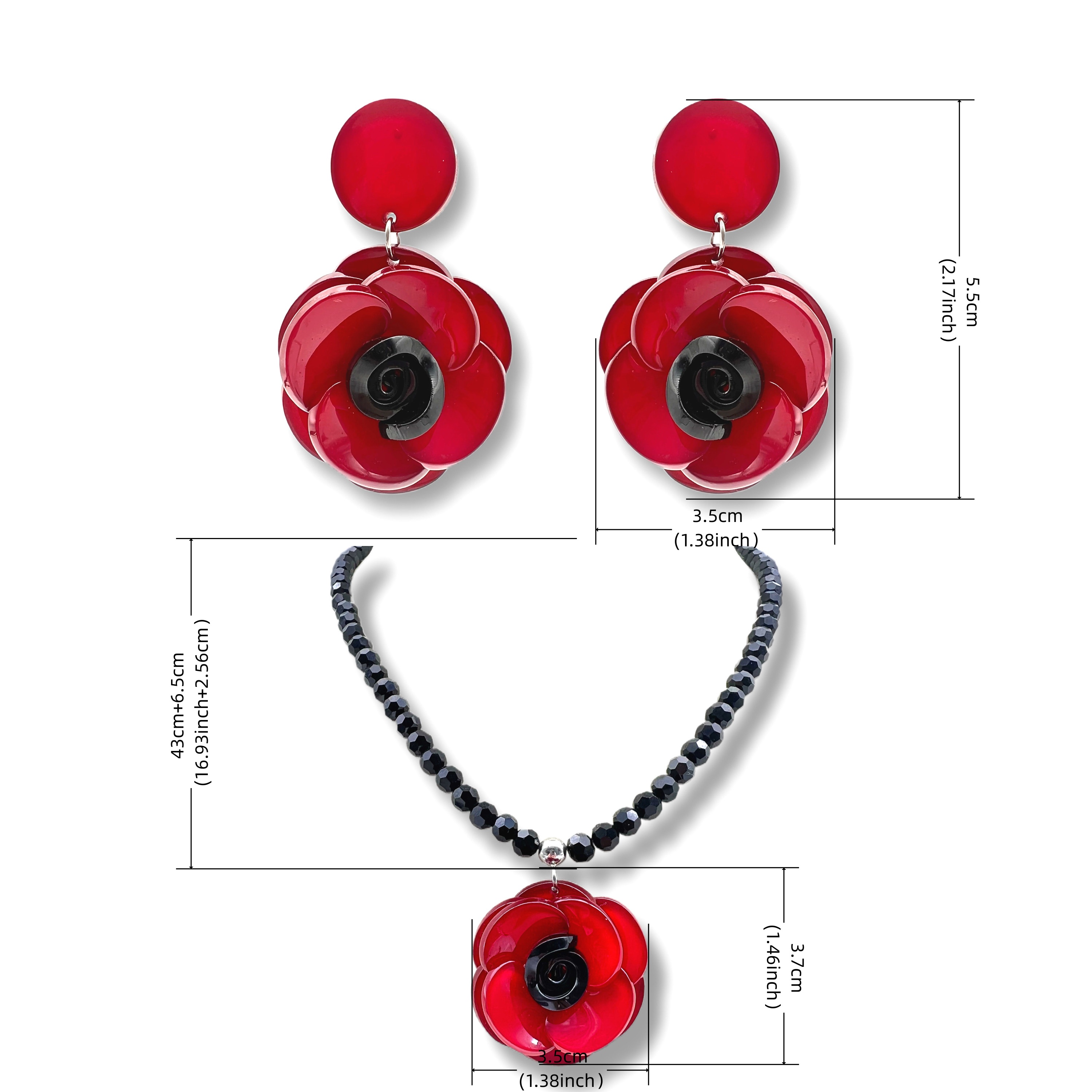 Elegant Black Beaded Necklace Featuring a Stunning Red Flower Charm