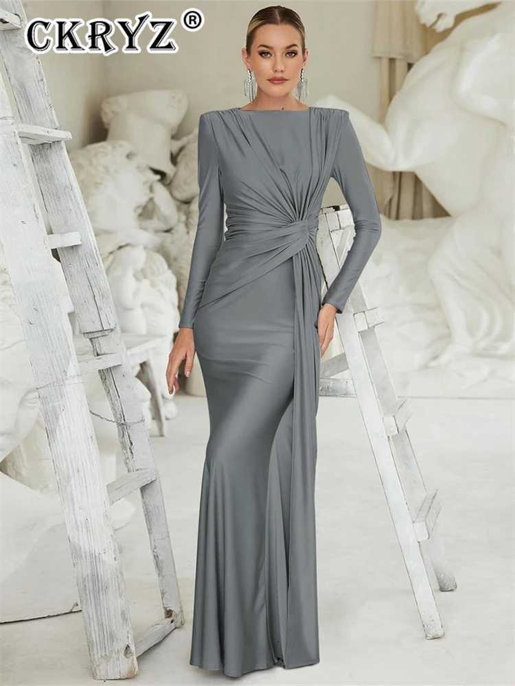 Ladies Elegant Evening Party Dress Women Long Sleeve O-Neck Ruched Fashion Long Dresses Women Night Club Streetwear Fall Outfit Z250728