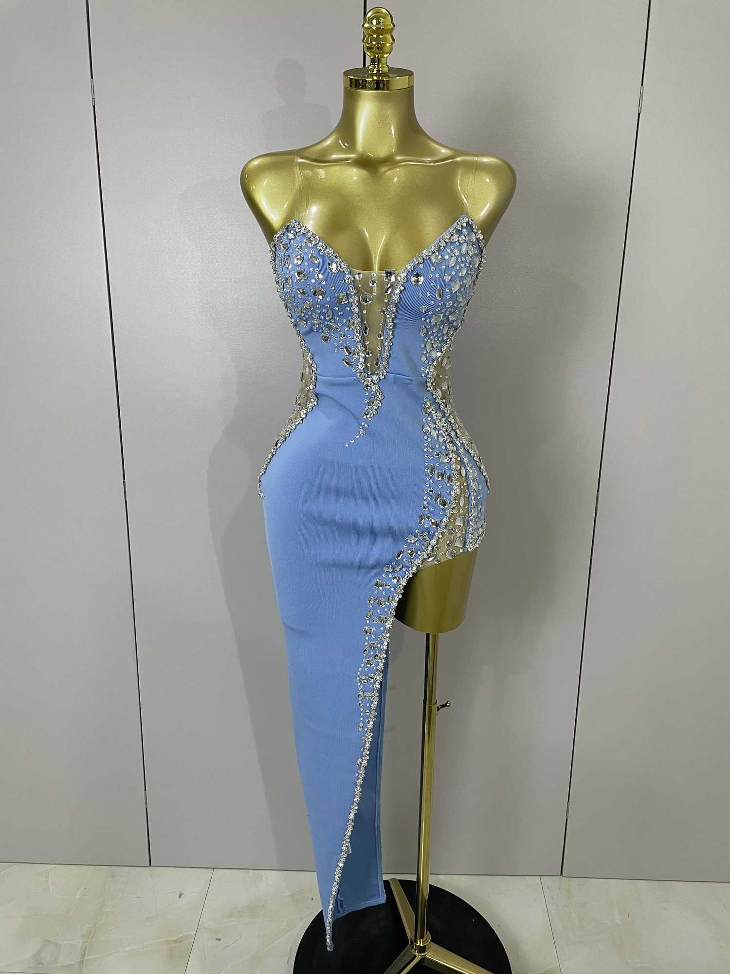 Newest High Quality Sexy Strapless Shinning Rhinestones Bodycon Bandage Long Dress Women Fashion Celebrate Evening Party Dress Z250728