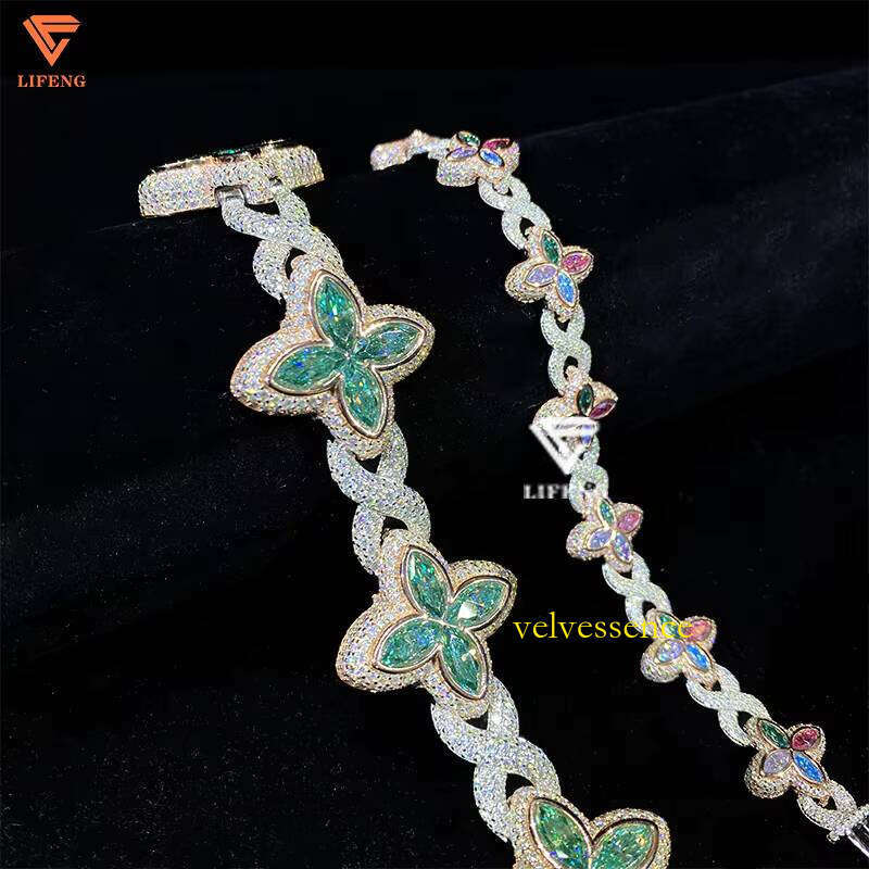 Lifeng Custom Colored Flower Cuban Sterling Sier Fine Jewelry for Women VVS Moissanite Dia Infinity Bracelet