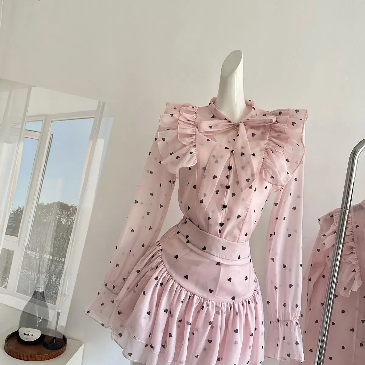 Korejpaa Two Piece Sets Women Dot Printed Bow Collar Ruffled Pink Shirtshigh Waist Slimming Mini Skirt Chic Blouse Skirts Suit 250724
