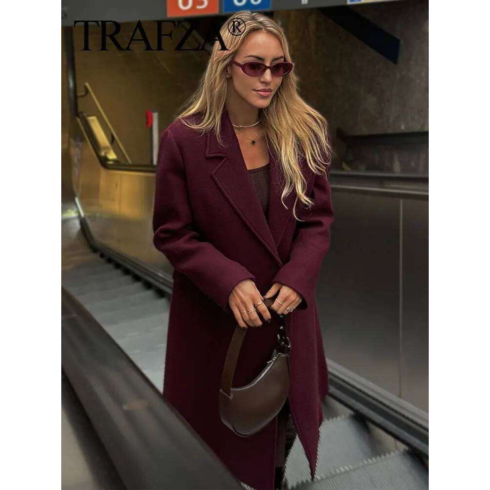 TRAFZA Women Fashion Bury Woolen Coat Double Breasted Long Sleeve Lapel Blends Jacket Autumn Winter High Street Outerwear