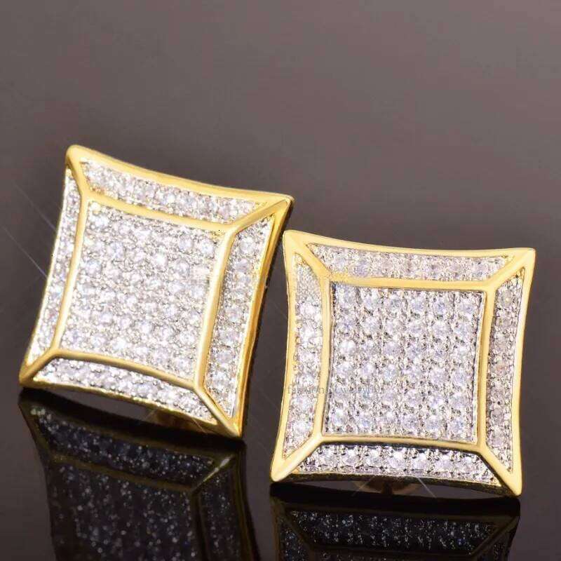 Stud Cubic Zirconia Bling Iced Out Sqaure Earrings Gold Copper For Men Hip Hop Jewelry Women Rapper Ear Ring