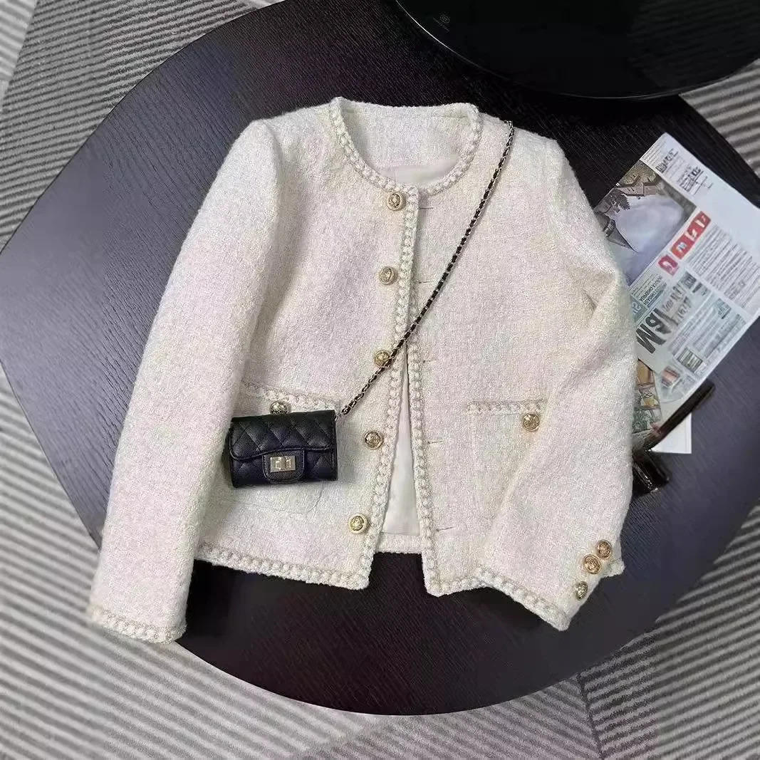 Spring Autumn Of The Season Korean Style Beige French Short Coat Womens Thickened Tweed Jacket Crew Neck Loose Fit 250728