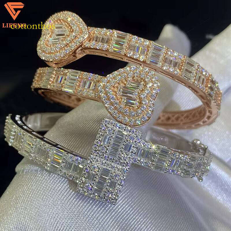 New Arrival Fine Jewelry Popular Couple Bangles Iced Out D VVS1 Moissanite Baguette Dias Sier Bracelet for Men Women