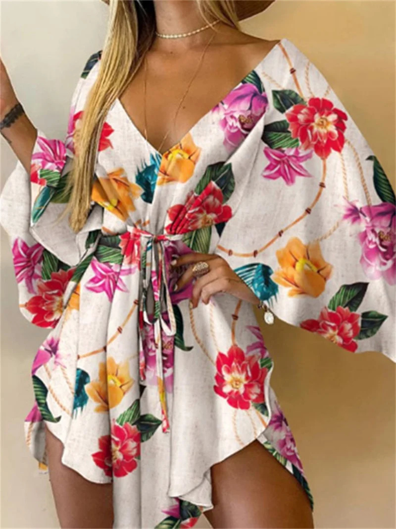 Women Print Dress Sexy VNeck Bat Sleeve Ruffle Flowers Bohemian Beach Sundress Ladies Loose Summer Vacation Mini Dresses 250728