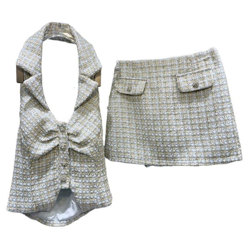 Summer Fashion Twopiece Set for Women Diamond Buckle Hanging Neck Vest Woven Tweed Short Skirt Female 11A04590 250728