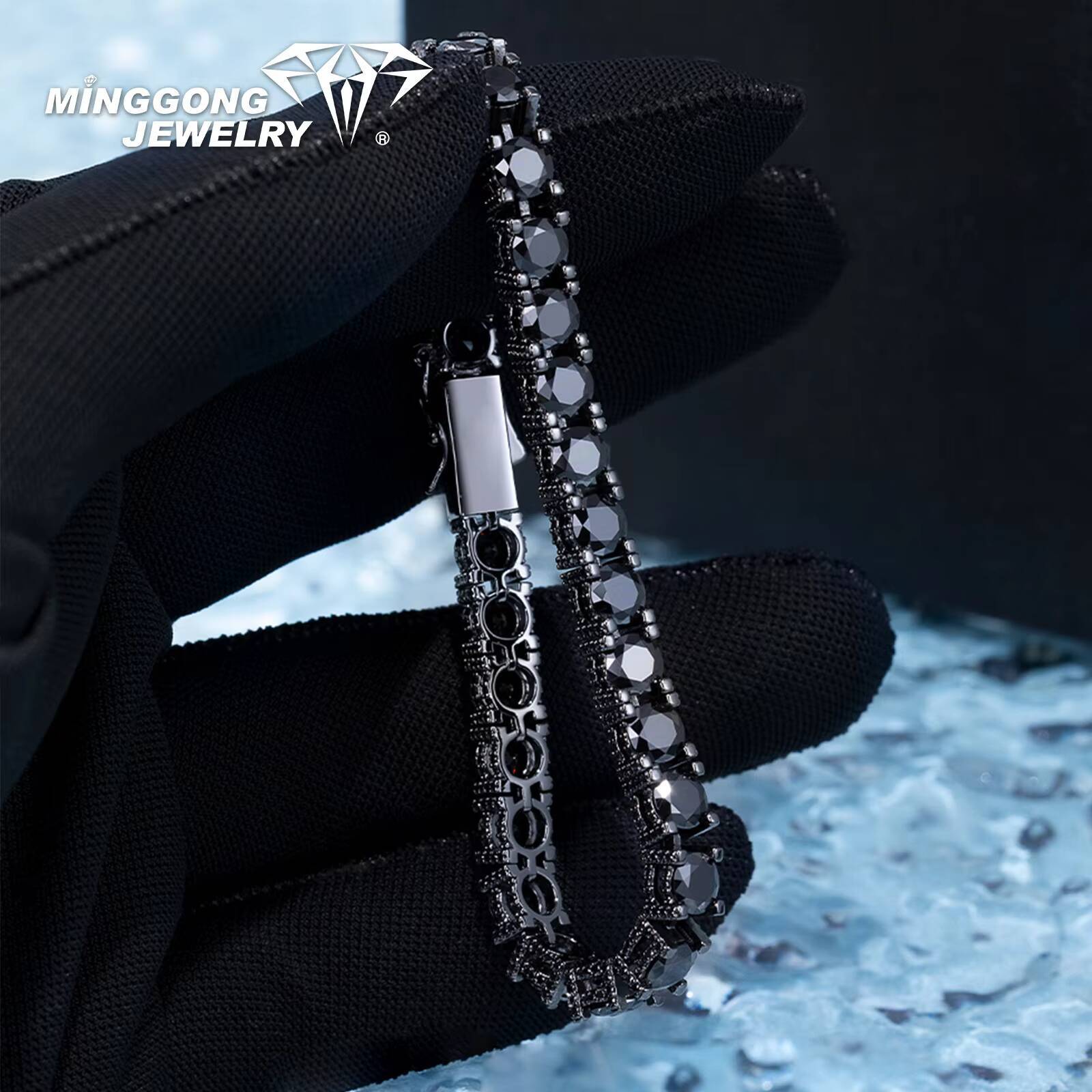 High Quality S925 VVS Moissanite 5MM Full Iced Black Moissanite Tennis Chain or Bracelet 100% Diamond Test-Passed Hip-Hop Style