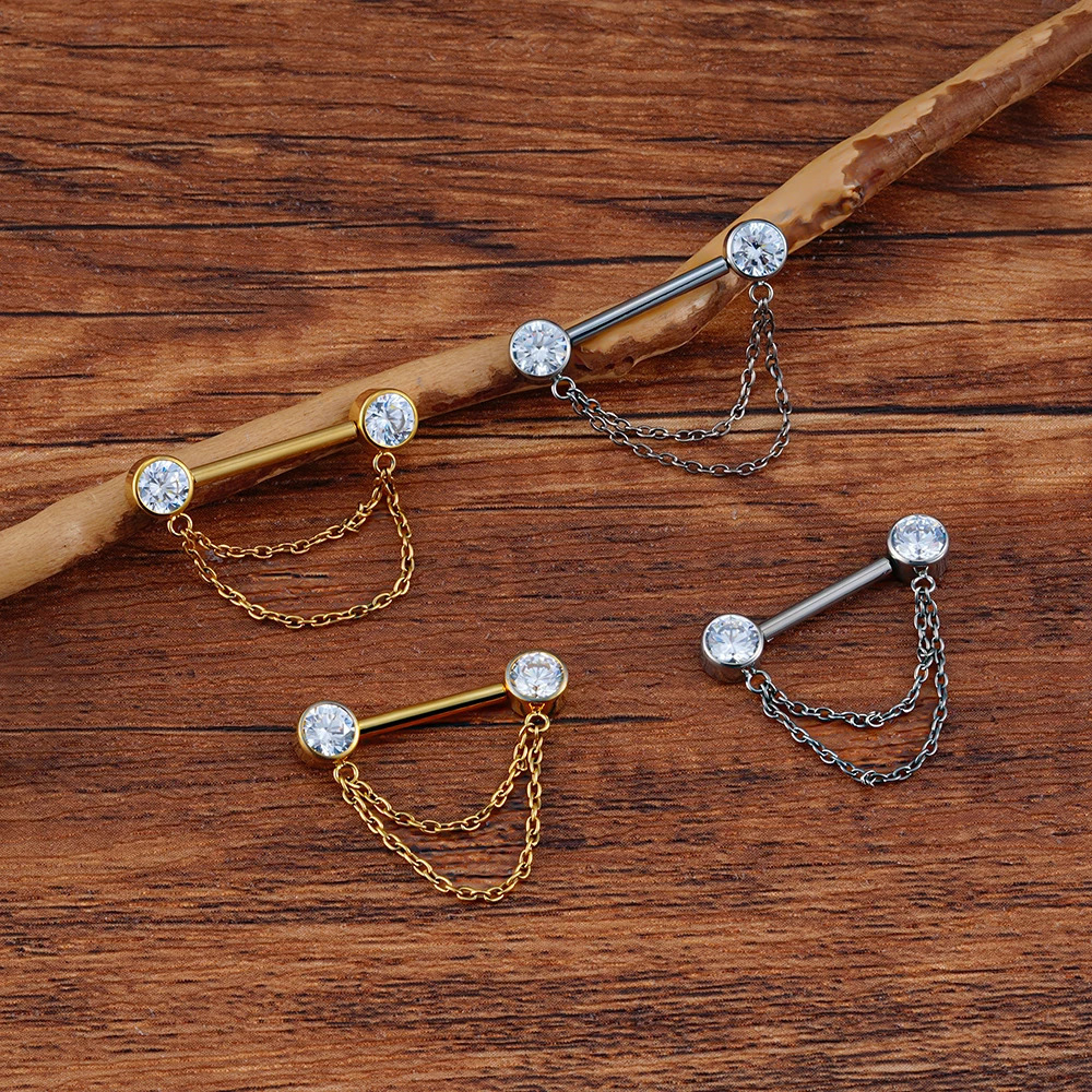 Right Grand ASTM 36 Double Chain Dangle Sparkle CZ Threadless Nipple Ring 14 Gauge Barbell Piercing 250722