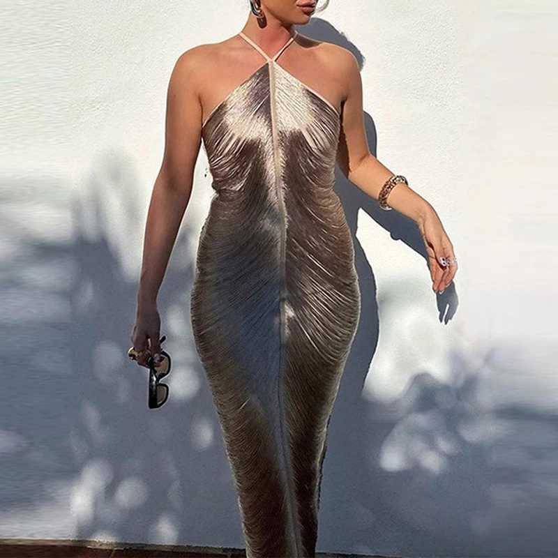 Sexy Hollow Out Sleeveless Tassels Womens Dress Fashion Halter Slim Solid Color Long Dress Elegant High Waist Split Party Dress Z250728