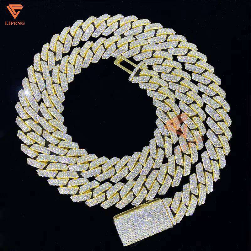 12mm 2row Gold Plated Cuban Link Chain 24in Moissanite Necklace Sterling Sier Miami Jewelry for Men