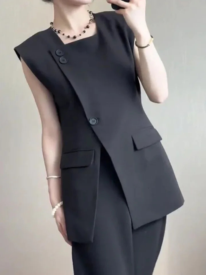 French Black Suit Vest Summer Style Young n Split Sleeveless Top Female Cardigan Outerwear 250709
