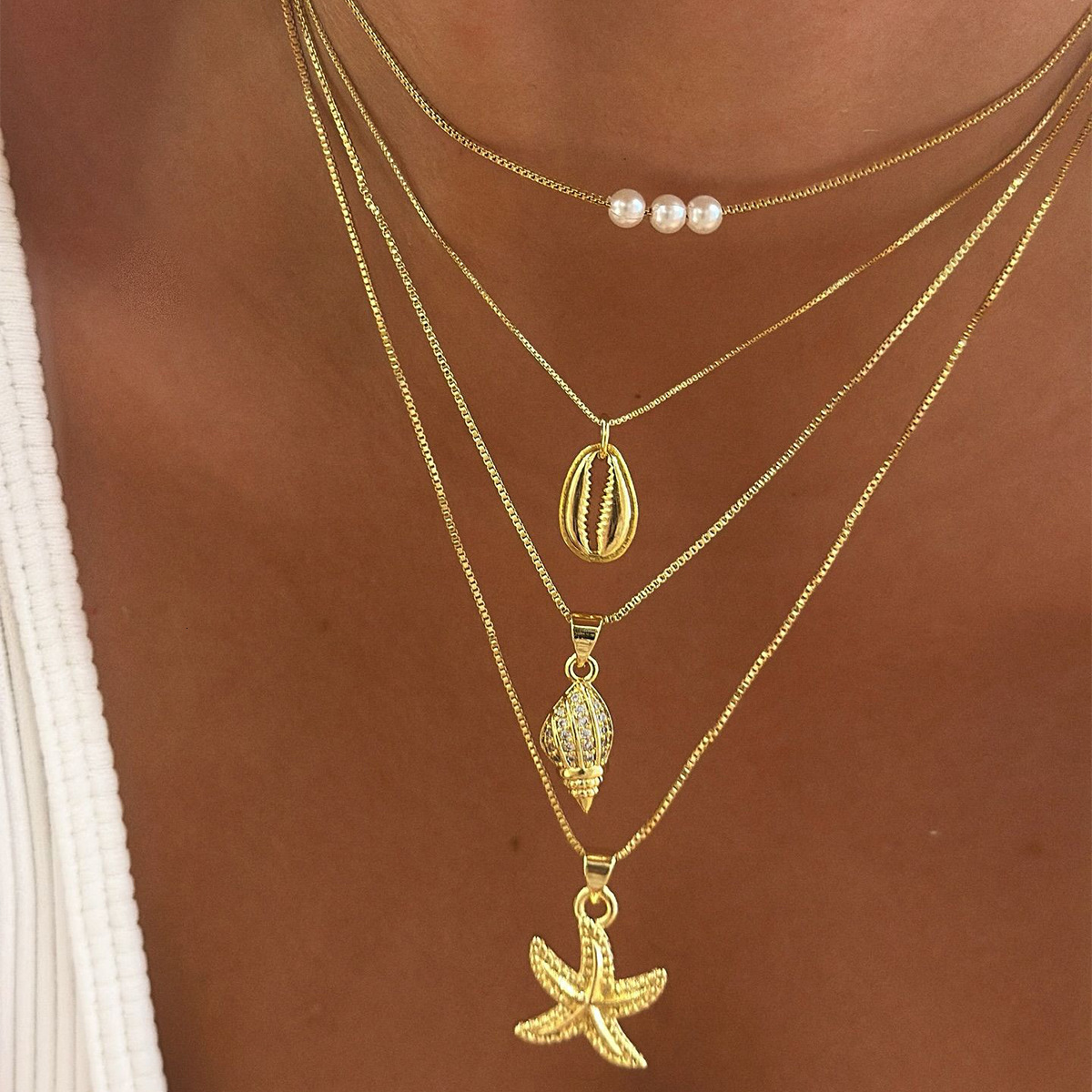 Summer Ocean Vacation Beach Shell Necklace for Women, Conch and Starfish Multi-layer Stacking Necklace, Collarbone Chain Jewelry for Women