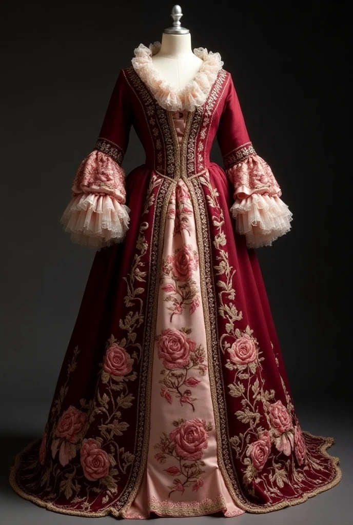 Vintage Renaissance Prom Dresses Maroon And Pink Colored Evening Gown Francaise Rose Flowers Embroidery Masquerade Dress Long Sleeves Ruffles