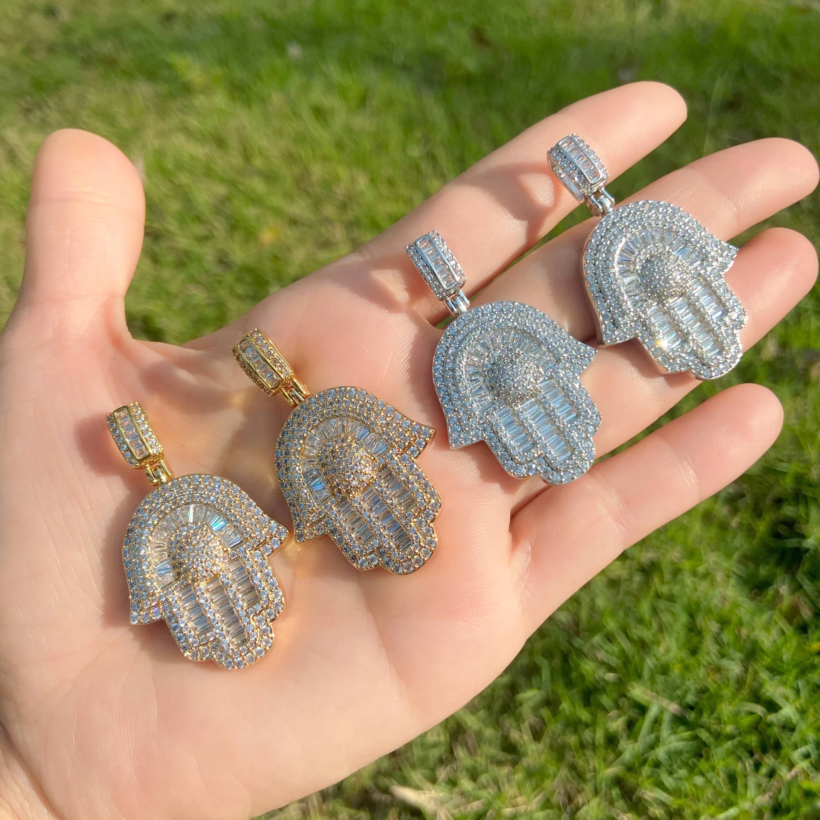 Hip Hop Antique Pendant Charms Gold Crystal Stone Iced Baguette Hamsa Hands Brass Necklace with Zircon Paved Hand Jewelry Making