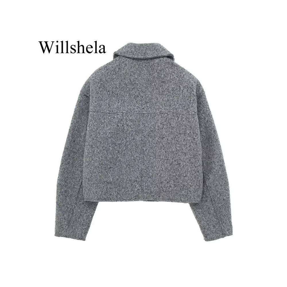 hoodie Willshela Women Fashion With Pockets Grey Front Zipper Jackets Vintage Lapel Neck Long Sleeves Female Chic Lady Outfits jacket