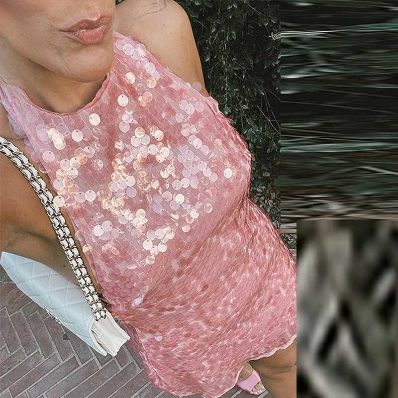 Sexy Lace Up Backless High Waist Mini Dress Fashion Hollow Out Sleeveless Short Dresses Pink Sequin Slim Womens Banquet Dress Z250728