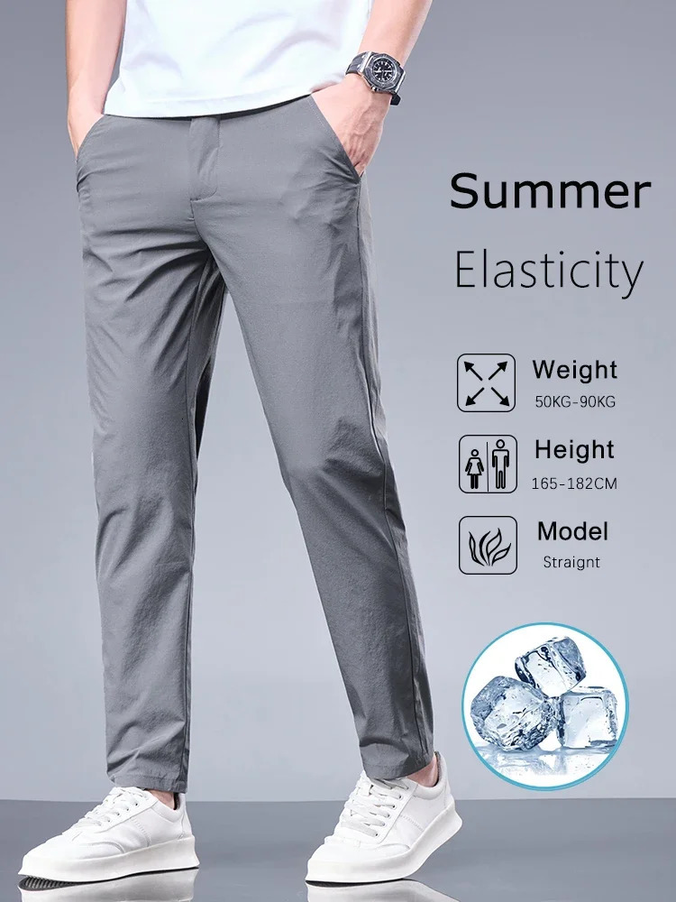 Straight Summer Business Pants Elastic Waist Ice Silk Comfortable Trousers Breathable Black Gray Male Clothing Casual Suit 250724