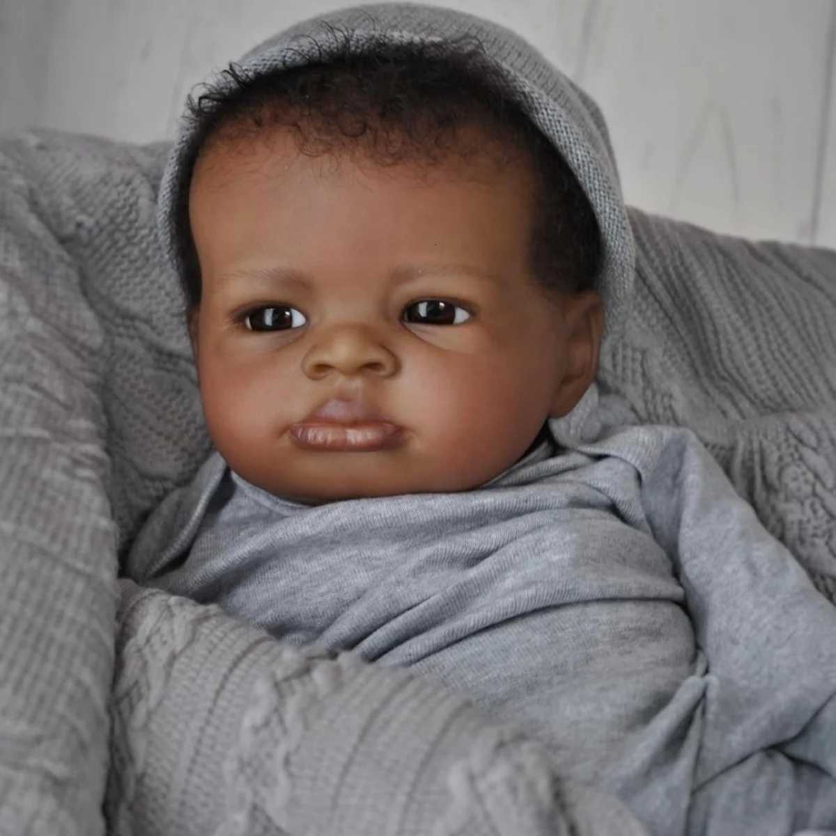 19inch Dark Skin Lanny Reborn Baby Dolls Handmade Painted African Reborn Baby With Rooted Hair Doll Toys Dolls For Girls W250728