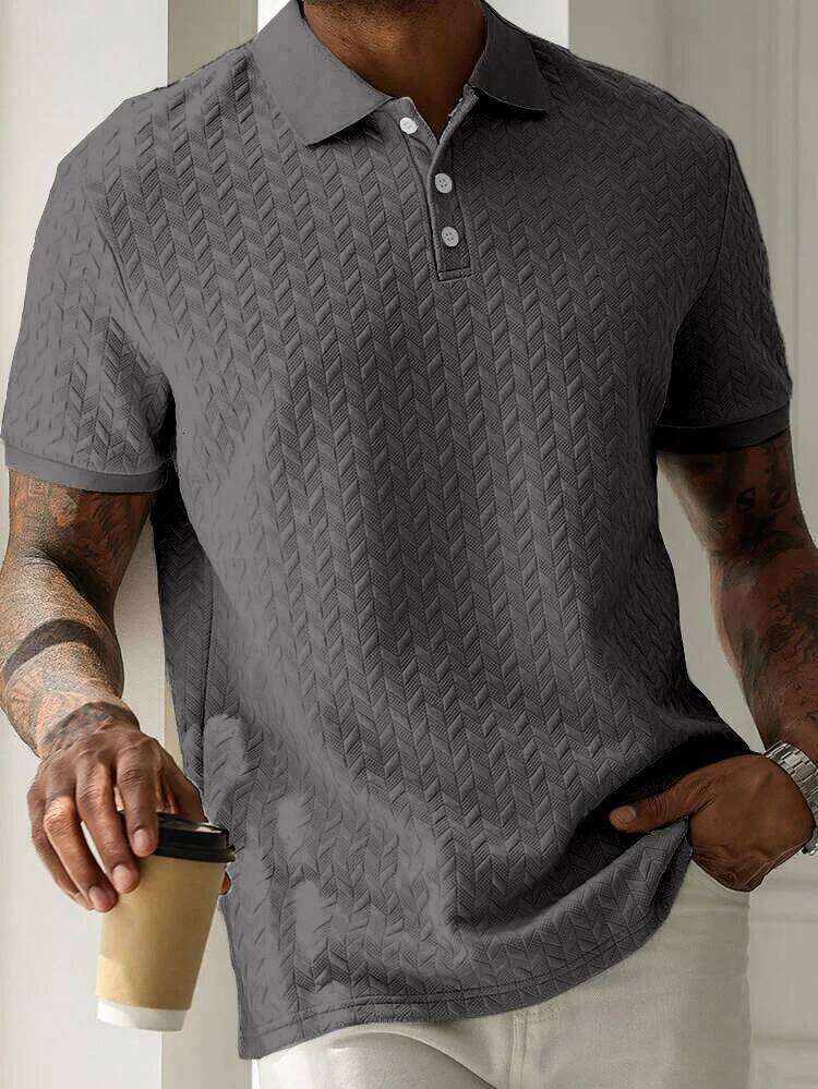 jacquard polo solid color lapel short-sleeved polyester blended spring and autumn sports casual clothes are hot Men's wear