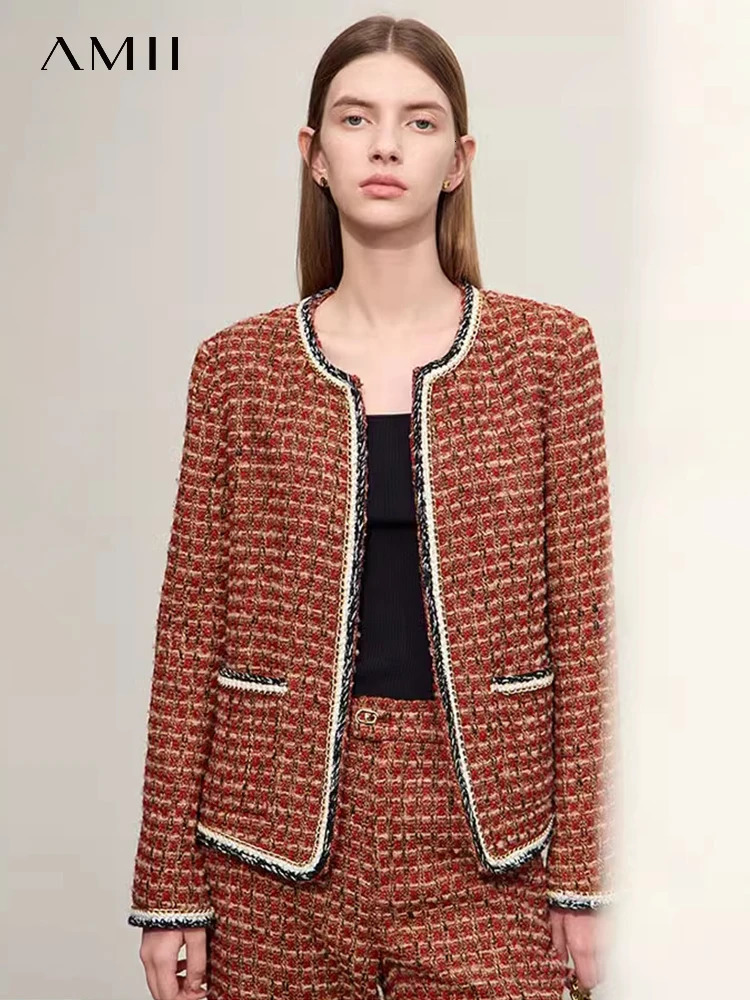 AMII Minimalist Tweed Coats Women Jacket Autumn Winter Elegant ONeck Coat Straight Casual Pants Sold Separately 12344182 250728
