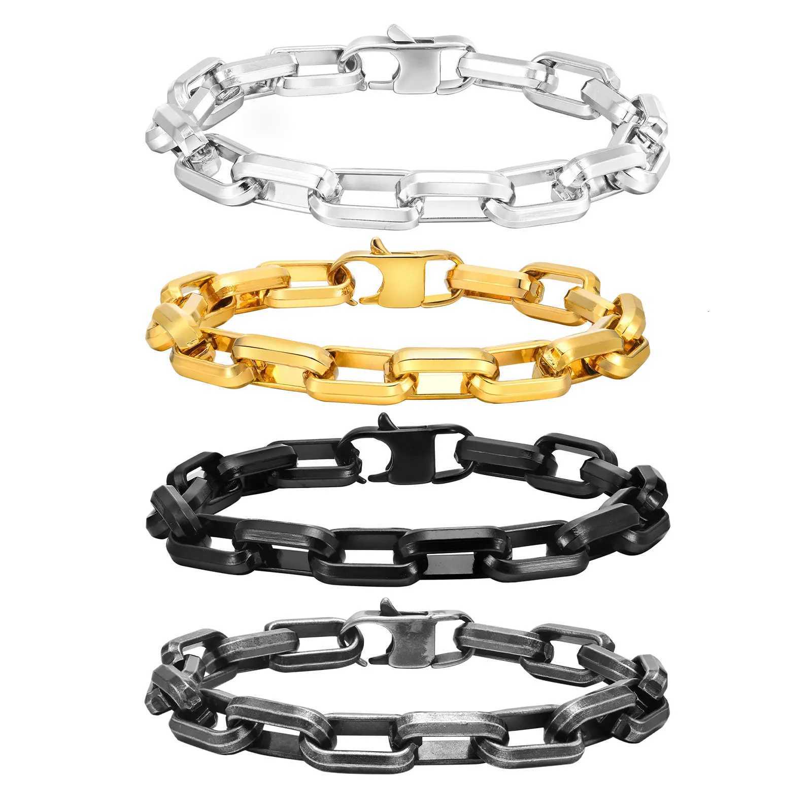 Rectangle Chain Bracelets for Men Boys Gold Color Stainless Steel Chain Link Wristband Stylish Trendy Jewelry Gift W250728