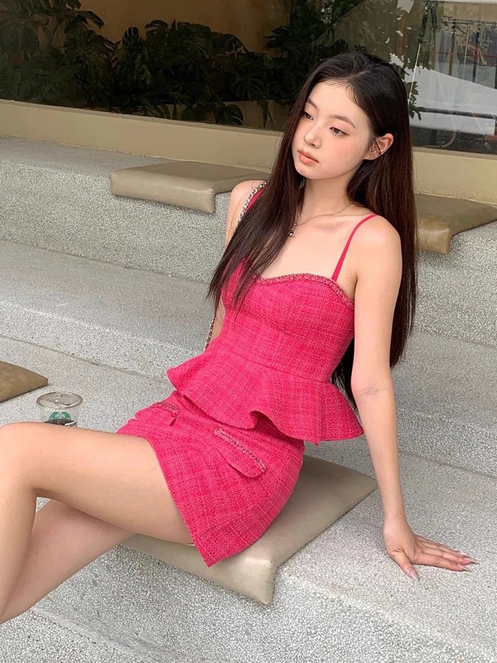 High Quality Tweed 2 Piece Set Women Summer Top Sleeveless Ruffles Slim Waist Mini Skirt Fashion Outfit 250728