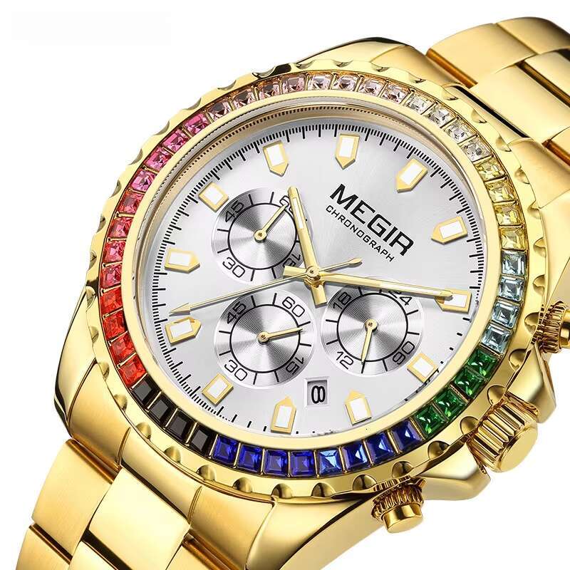DHwatches MEGIR 2227G Men's Diamond Rainbow Bezel Watch - Waterproof, Luminous, Date, Stainless Steel, 46mm Fashion Quartz Watch