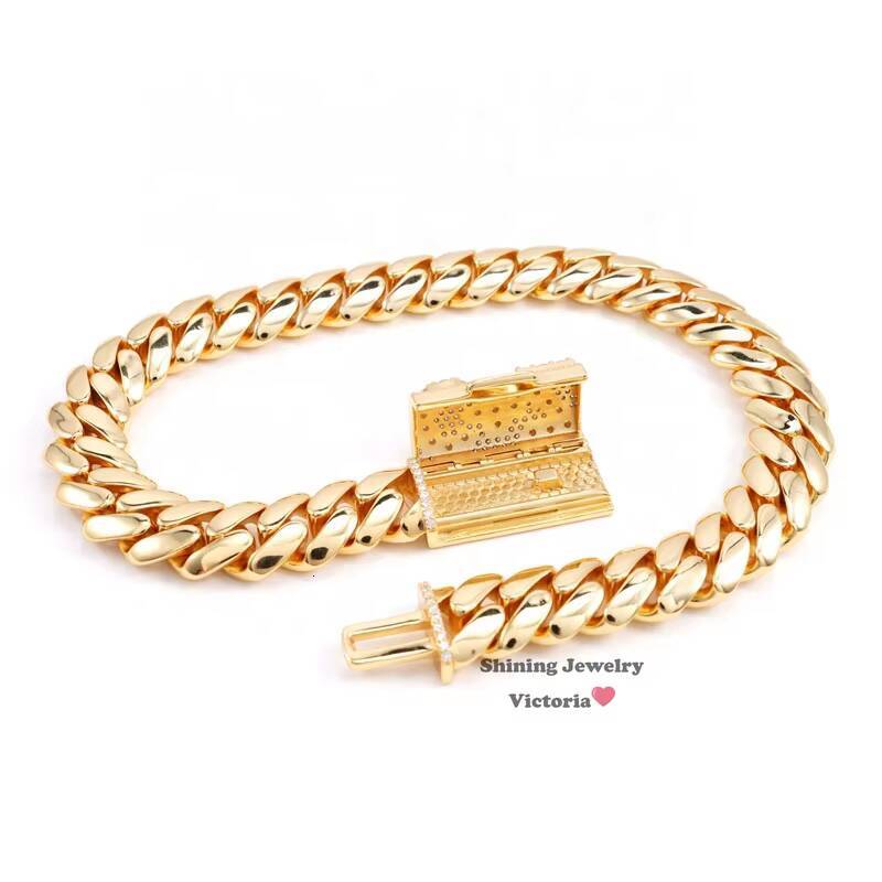 14MM 18K Gold Plated Over Sterling Silver Miami Cuban Link Hand Made Plain Cuban Chain With Iced Moissanite Name Lock