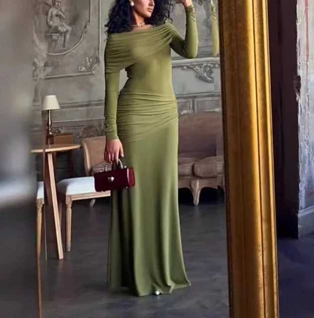 Womens Dresses Spring New Round Neck Long Sleeves Elegant Temperament Ruched Waist Cinching Skinny Evening long Dress Z250728