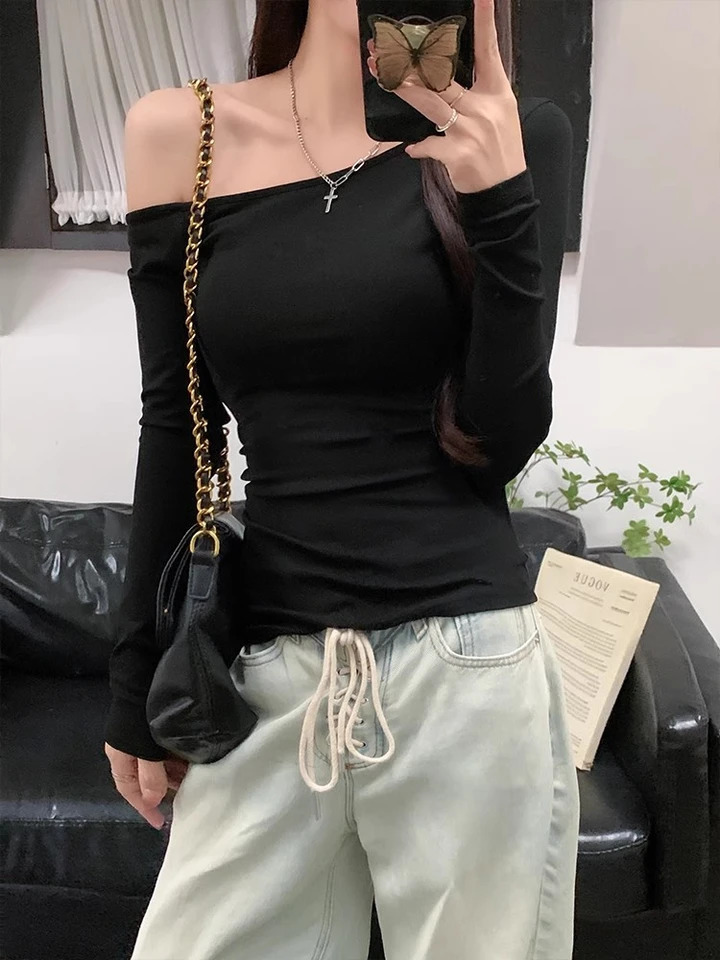 Vintage Solid Off Shoulder TShirt Women Autumn Sexy Slash Neck Tshirts Cotton Long Sleeve Chic Irregular Streetwear Slim Top Y2K 250728