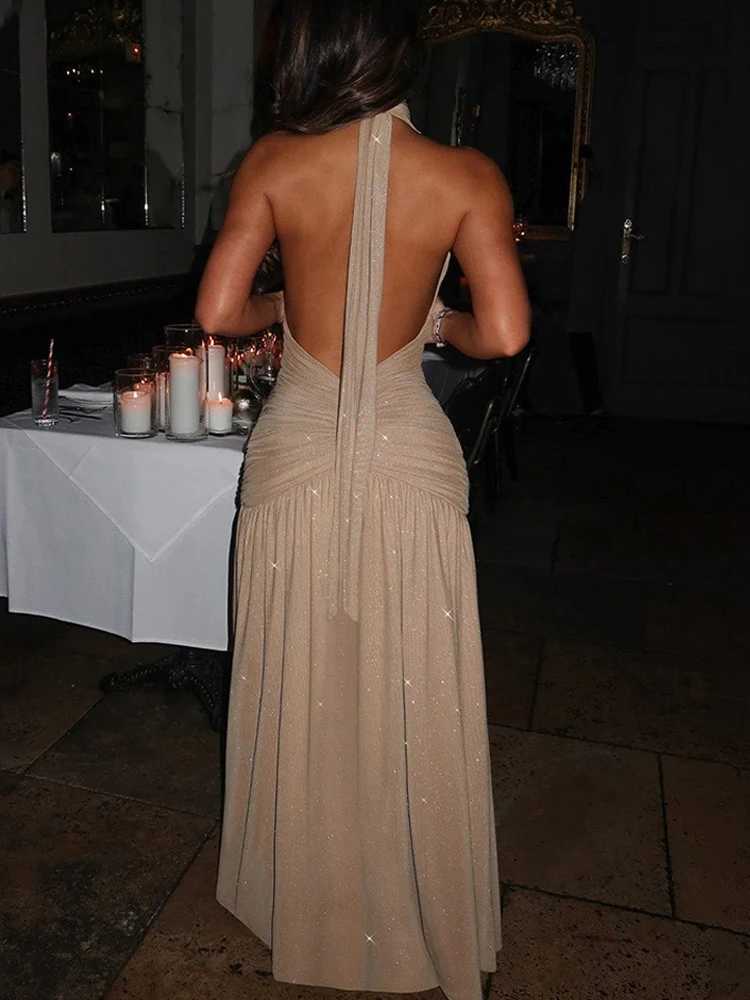Julissa Mo Glitter Bright Silk Deep V-neck Women Maxi Dress Khaki High Slit Halter Dress Spring Slim Elegant Party Evening Dress Z250728