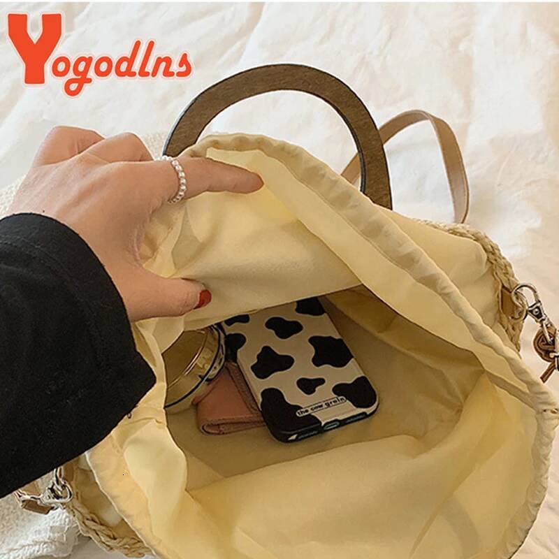Summer Straw Bucket Female Large Capacity Beach Bags Rattan Handmade Crossbody Vacation Tote Woven Handle Bag