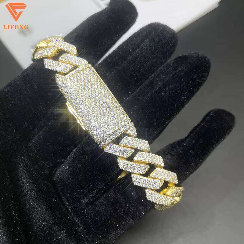 Gold Plated 10mm Sterling Sier Two Rows Moissanite Iced Flap Buckle Cuban Link Chain Bracelet for Men Hip Hop Jewelry
