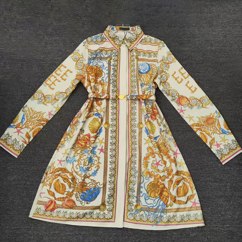 Lady Designer Elegant Dress Shell Print Long Sleeve Lapel Belt Dress Autumn Vacation Date Dress
