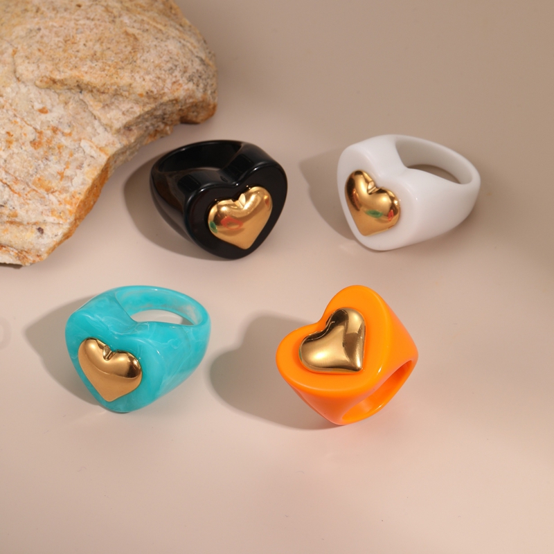 Y2K Designer Rings for Women 316L Stainless Steel Colorful Resin Finger Ring Personalized Heart Plain Ring Index Finger Rings Natural Pink Quartz