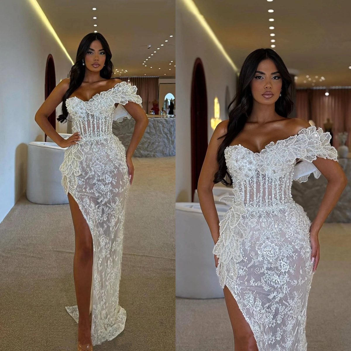 Graceful Wedding Dresses Appliques Bridal Gowns Pearls Rhinestone Beading Side Split Illusion Mermaid Customized Vestidos De Novia Plus Size