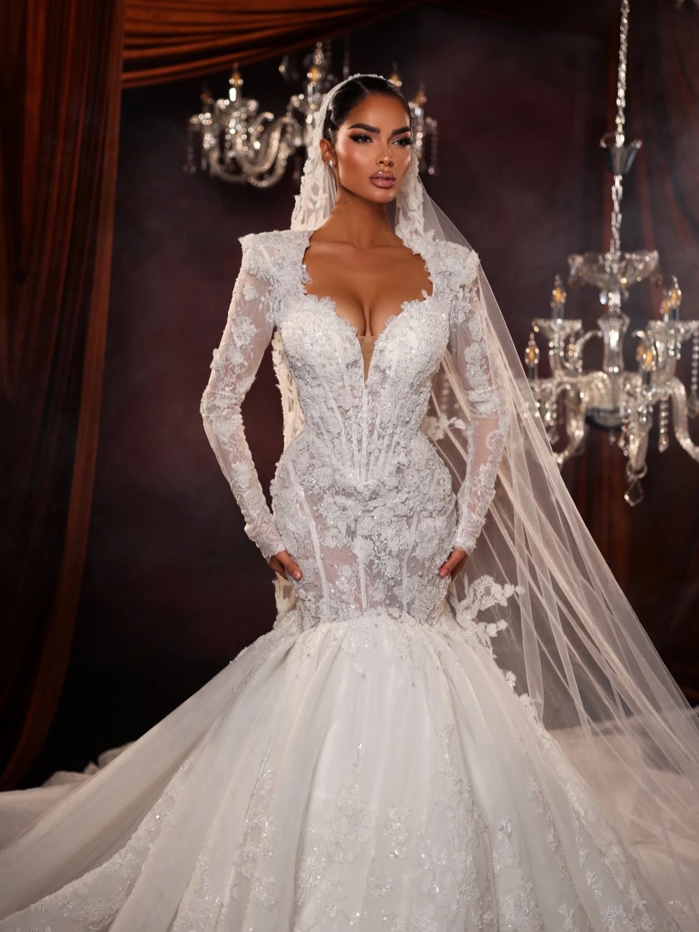 Modern Lace Pearls Wedding Dresses Appliques Bridal Gowns See Through Long Sleeves See Through Mermaid Customized Vestidos De Novia Plus Size