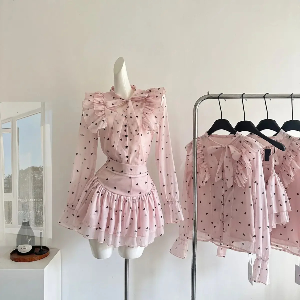 Korejpaa Two Piece Sets Women Dot Printed Bow Collar Ruffled Pink Shirtshigh Waist Slimming Mini Skirt Chic Blouse Skirts Suit 250724
