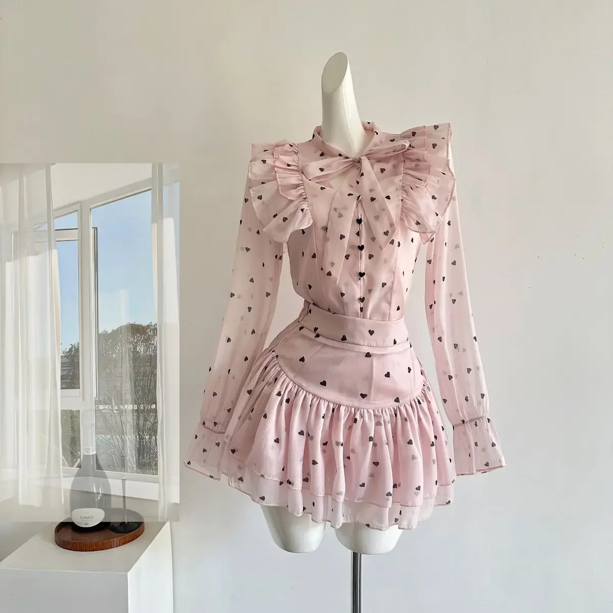 Korejpaa Two Piece Sets Women Dot Printed Bow Collar Ruffled Pink Shirtshigh Waist Slimming Mini Skirt Chic Blouse Skirts Suit 250724
