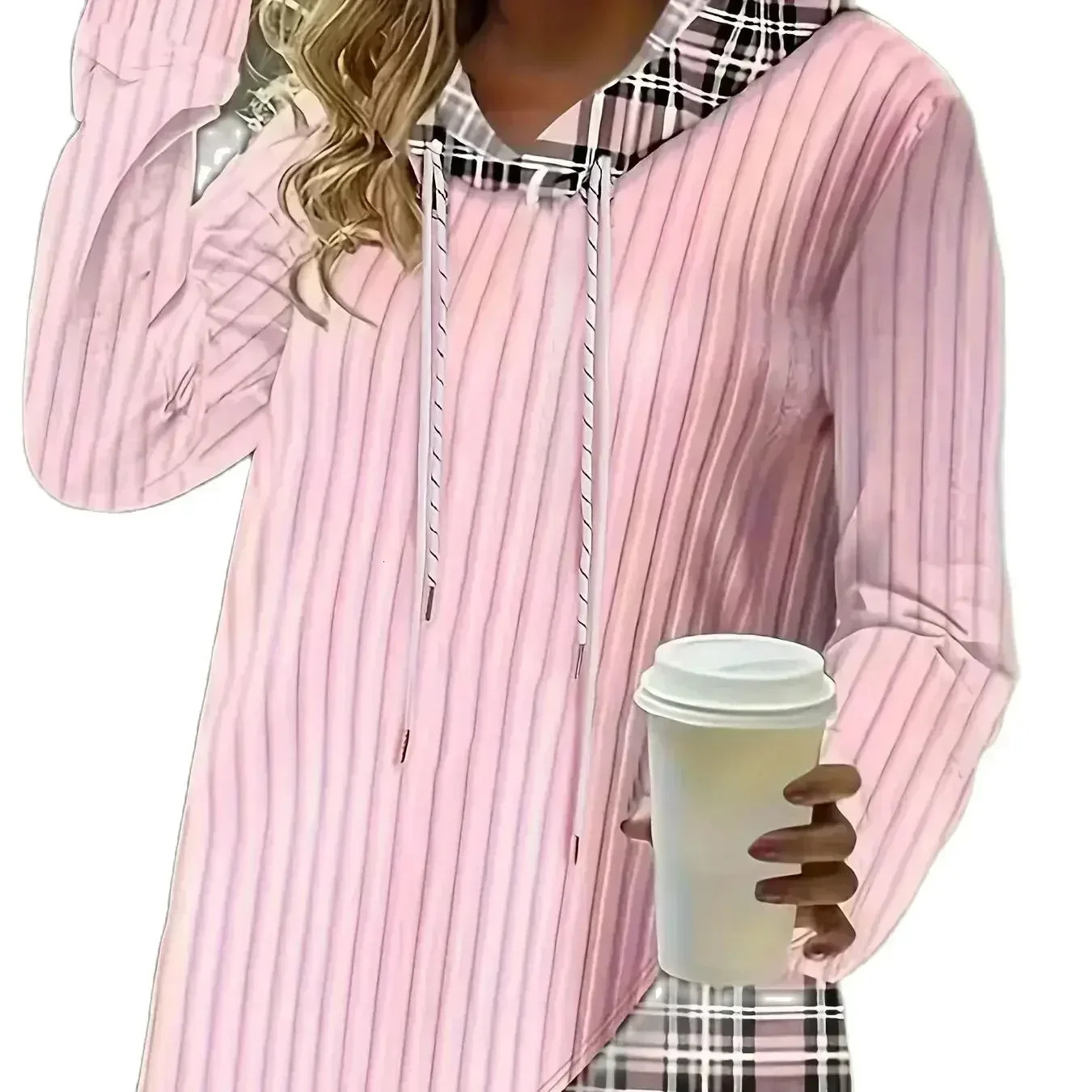 Women Plus Size 1XL5XL Casual Hoodie Sweatshirt Pullover Womens Colorblock Plaid Print Long Sleeve Drawstring Hoodie 250728