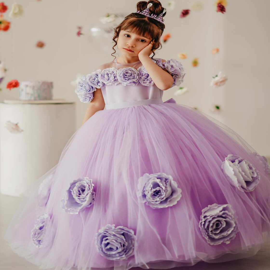 2025 Lavender Sheer Neck Flower Girl Dresses Ball Gown Flowers Tulle Little Girl Christmas Peageant Birthday Christening Tutu Dress Gowns ZJ411