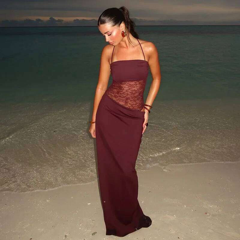 Designer Clothing 2025 Elegant Lace Cut Out Maxi Dresses For Women 2025 Sexy Spaghetti Strap Patchwork Holidays Party Summer Backless Long Dress