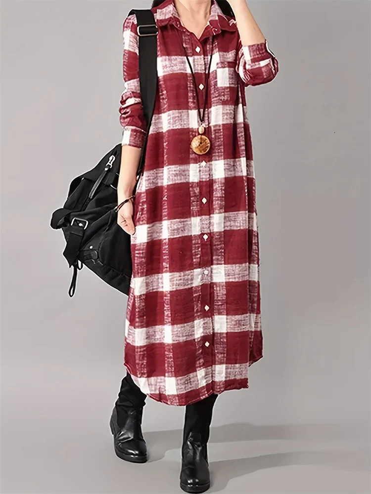 Summer Womens Loose Casual Shirt Dress Striped Plaid Long Sleeve Button Fashion Classic Plus Size 250728