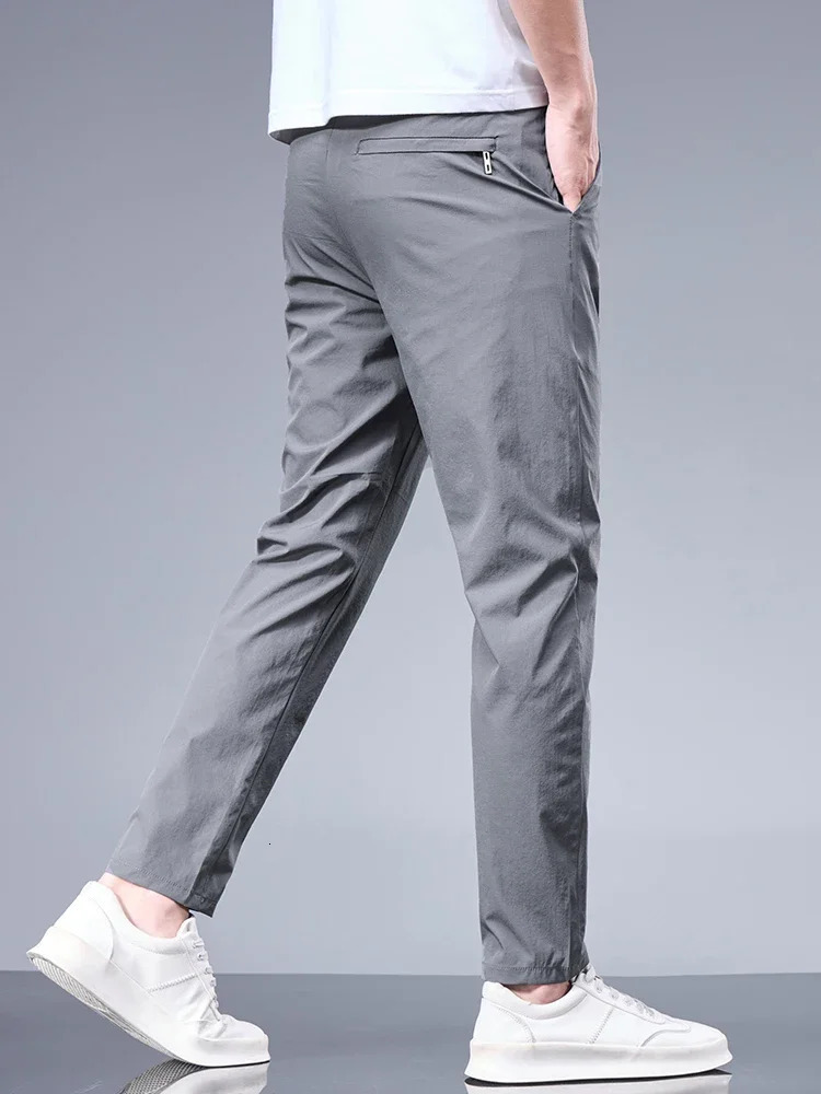 Straight Summer Business Pants Elastic Waist Ice Silk Comfortable Trousers Breathable Black Gray Male Clothing Casual Suit 250724