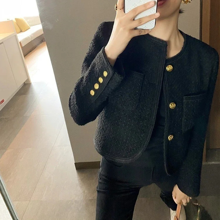 Autumn Black Tweed Coat Women Korean Elegant Oneck Slim Fit Tops Y2k Grunge Long Sleeve Jackets Mujer 250728