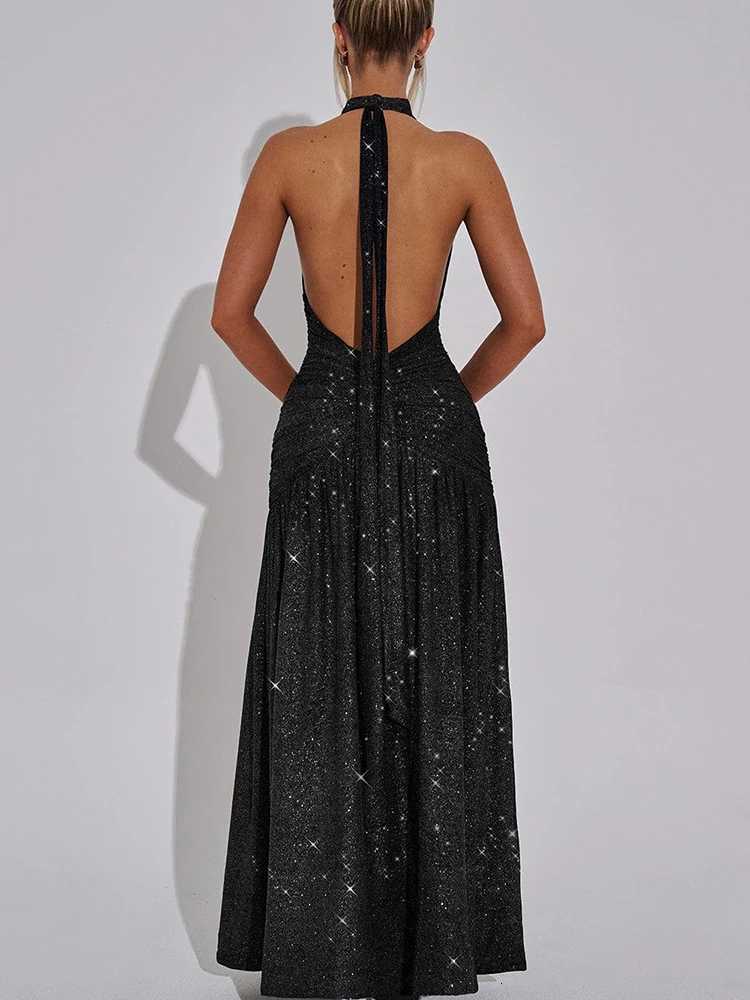 Julissa Mo Glitter Bright Silk Deep V-neck Women Maxi Dress Khaki High Slit Halter Dress Spring Slim Elegant Party Evening Dress Z250728